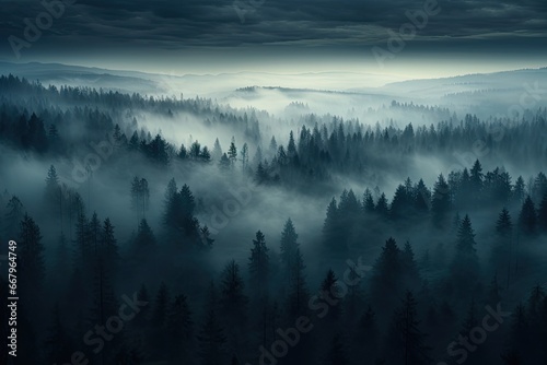 Foggy morning in the mountains. Landscape with coniferous forest, Misty dark forest aerial landscape view, AI Generated © Ifti Digital