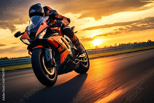 Motorcycle rider rides on the race track at sunset or sunrise  Motorcycle rider on sport bike rides fast on race track at sunset. Extreme athlete Sport Motorcycles Racing  AI Generated