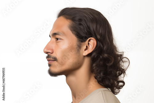 Man with Curly Hair and Mustache in Profile View photo