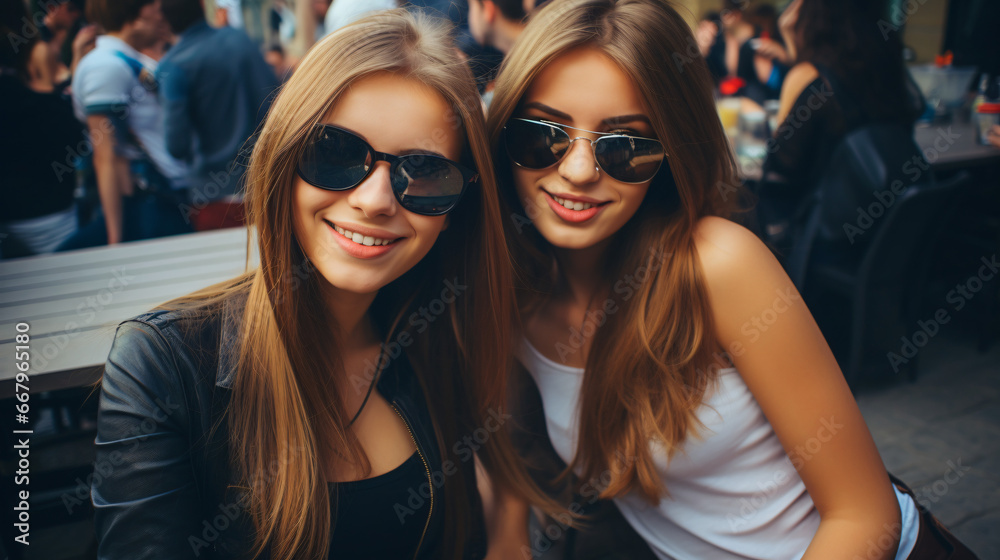 Couple of young girls with urban clothing and sunglasses taking a selfie in a bar full of people on the public road. Couple of young girls with urban clothing and sunglasses taking a selfie in a bar full of people on the public road.