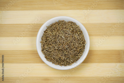 Top view of caraway seeds in bowl
