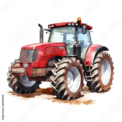 A watercolor painting of a red tractor with large wheel