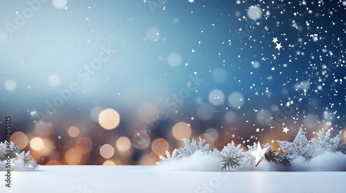 Blue and white Christmas ornament decoration in snow, Bokeh lights holiday landscape background banner with copy space