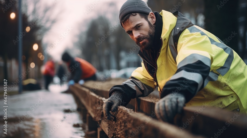 Volunteer man build barriers to prevent flooding, Protecting the city , Flood protection.