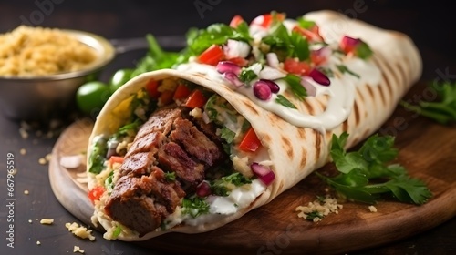 Turkish and Arabic Traditional Ramadan Adana Kebab Roll Wrap serving with yogurt, aubergine salad and hot pepper pickles on rustic wooden background.