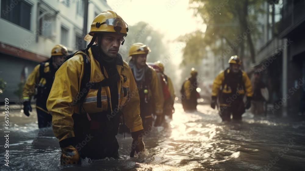 Volunteer rescuer helping people in flood victims, natural disaster, climate change.