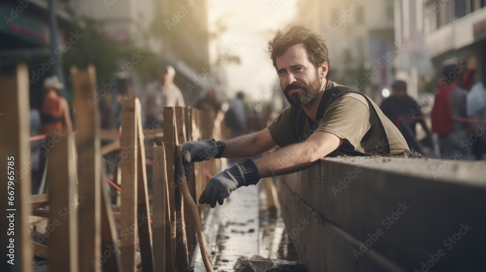 Volunteer man build barriers to prevent flooding, Protecting the city , Flood protection. Volunteer man build barriers to prevent flooding, Protecting the city , Flood protection.