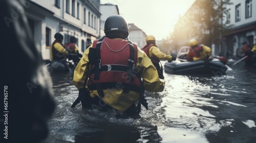 Volunteer rescuer helping people in flood victims, natural disaster, climate change. photo