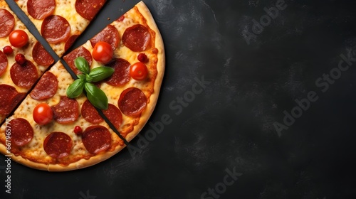 Smakowita pepperoni pizza i kulinarni składników pomidorów basil na czerni betonowym tle. Widok z góry gorącej pizzy pepperoni. Z miejsca na kopię tekstu. Leżał płasko. Transparent