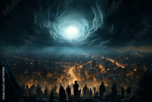 People Watching a Portal Open Above a City