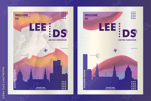 UK Leeds city poster pack with abstract skyline, cityscape, landmark and attraction. West Yorkshire England  travel vector illustration layout set for vertical brochure, website, flyer, presentation
