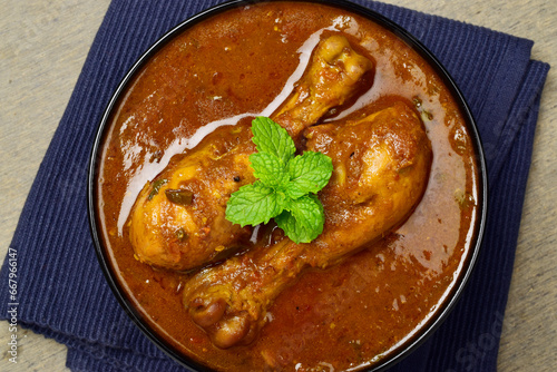 Top view of chicken curry on bowl, chicken masala