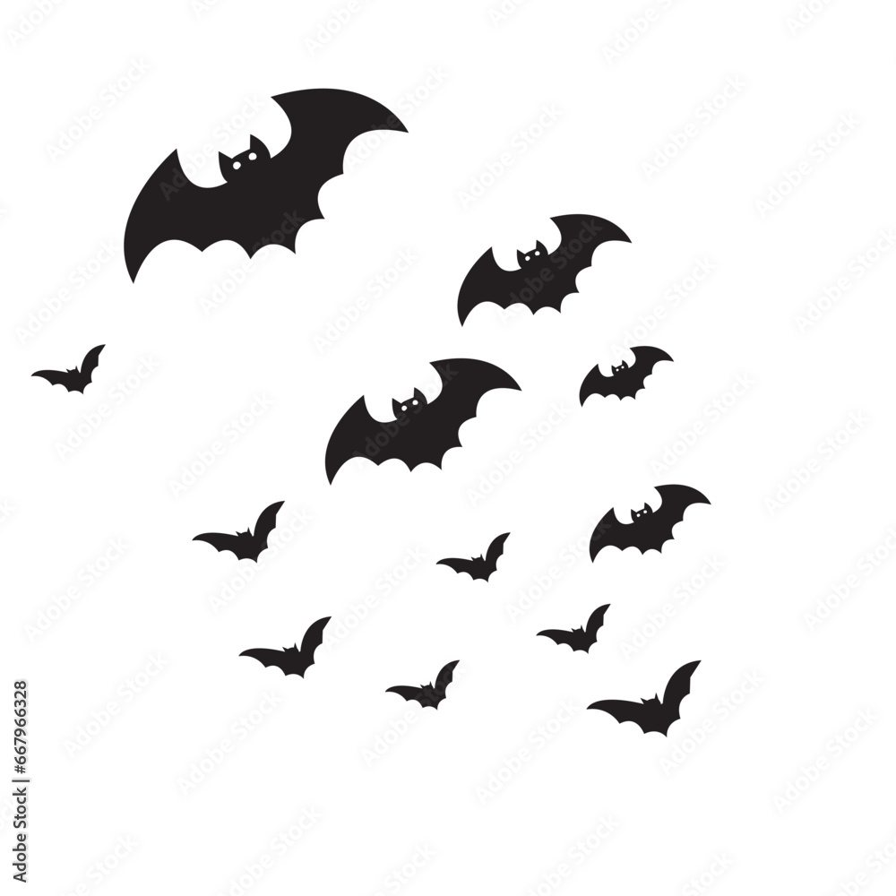 Halloween theme with bats, black spider and web. Hallowen objects on white paper background with space for text, flat lay. Minimalist Hallowen greeting card. Concept of Happy Helloween and horror.