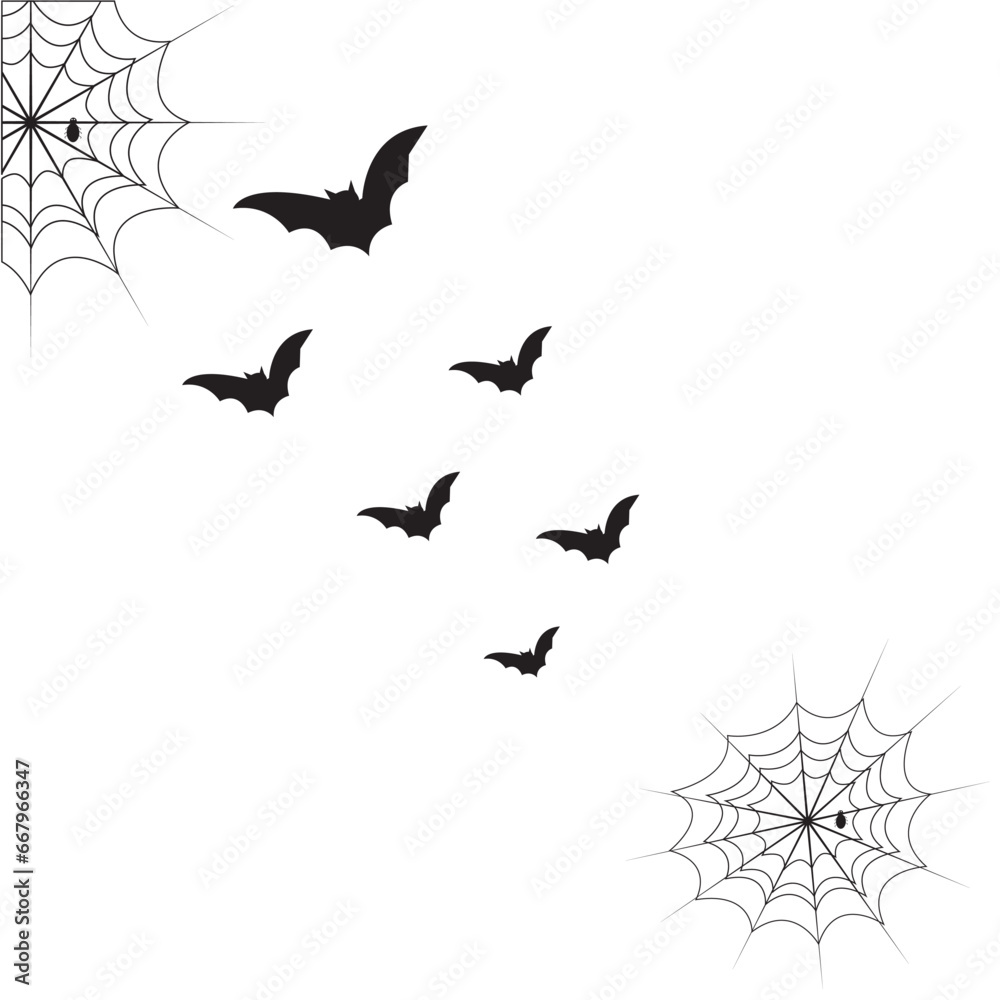 Halloween theme with bats, black spider and web. Hallowen objects on white paper background with space for text, flat lay. Minimalist Hallowen greeting card. Concept of Happy Helloween and horror.