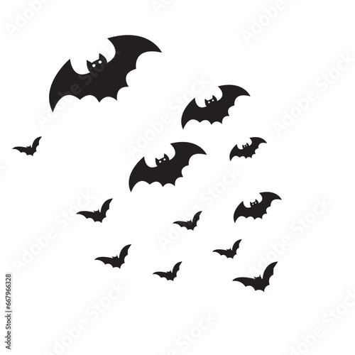 Halloween theme with bats  black spider and web. Hallowen objects on white paper background with space for text  flat lay. Minimalist Hallowen greeting card. Concept of Happy Helloween and horror.