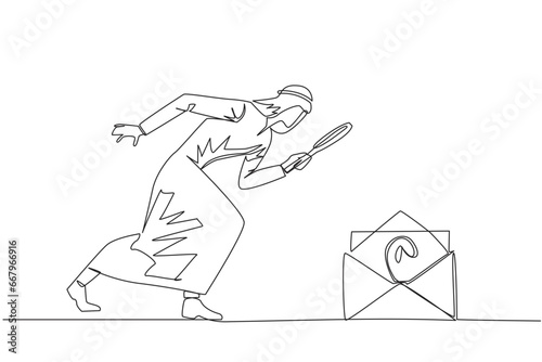 Single one line drawing of Arabian businessman holds magnifying glass look at email icon. Receive important emails related to the progress of his business. Continuous line design graphic illustration