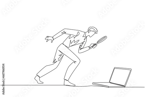 Single one line drawing businessman holding magnifying glass looking at laptop computer. Confused a programmer facing the bugs in the application he made. Continuous line design graphic illustration