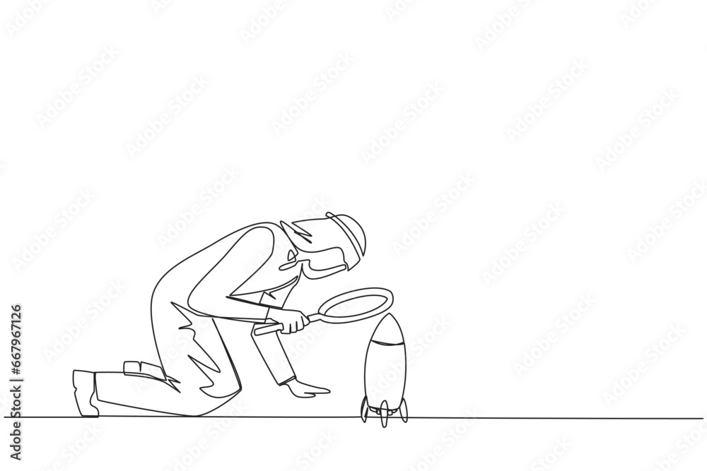 Continuous one line drawing of Arabian businessman holding magnifying glass look at rockets. Analyze details for launching a new business. The beginning of a new era. Single line draw design vector Continuous one line drawing of Arabian businessman holding magnifying glass look at rockets. Analyze details for launching a new business. The beginning of a new era. Single line draw design vector