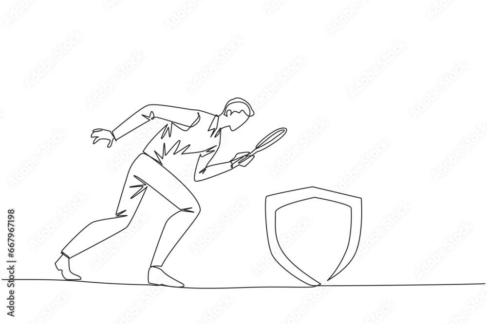 Fototapeta premium Continuous one line drawing of businessman holds magnifying glass highlights shield. Establish multiple layers of protection for security of business transactions. Single line draw vector illustration