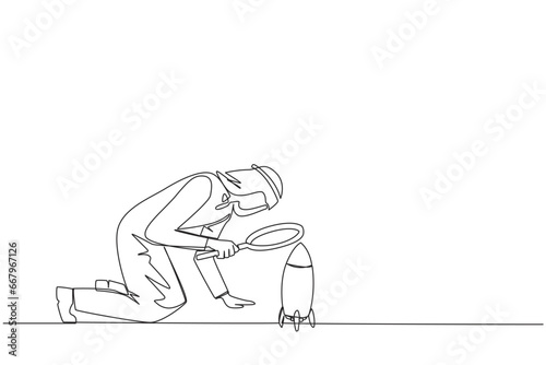 Continuous one line drawing of Arabian businessman holding magnifying glass look at rockets. Analyze details for launching a new business. The beginning of a new era. Single line draw design vector