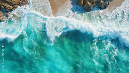 上空から撮影された海と浜辺の美しい写真