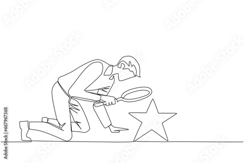 Single continuous line drawing of businessman holds magnifying glass highlighting stars. The high star is the ultimate goal of the business level. Reach dreams. One line design vector illustration
