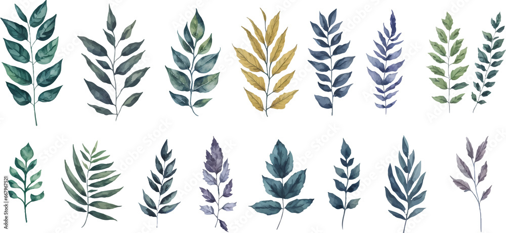 Naklejka premium Collection of Watercolor Greenery Plant Branch Leaves Twigs Herbs Illustration. Set of Watercolor Botanical Floral Design For Wedding Invitation Card Frame Wreath Print Fabric or Background. 
