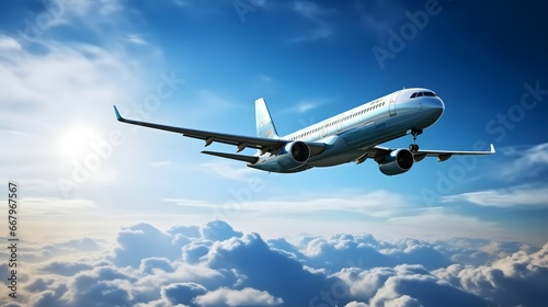 Airplane flying in the air with sunlight shining in blue sky background. Travel journey and Wanderlust transportation concept
