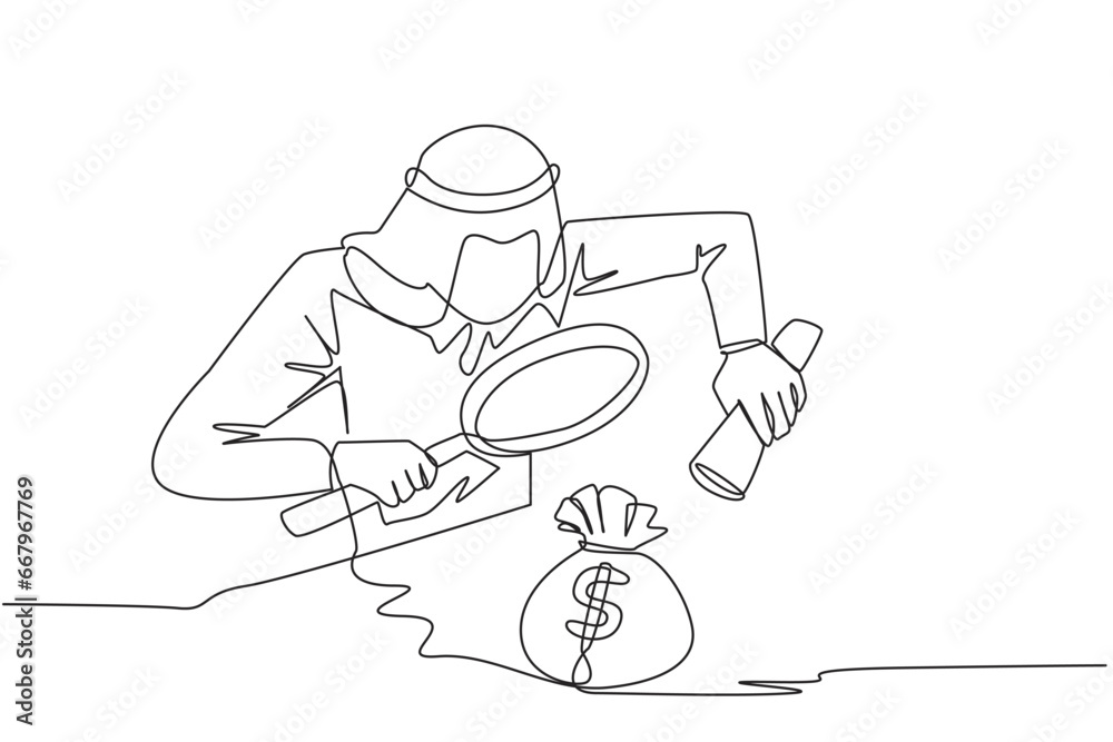 Single one line drawing of Arabian businessman holds a magnifier and flashlight, then checks the money bag. Investigate money bag ownership. Style like detective. Continuous line graphic illustration