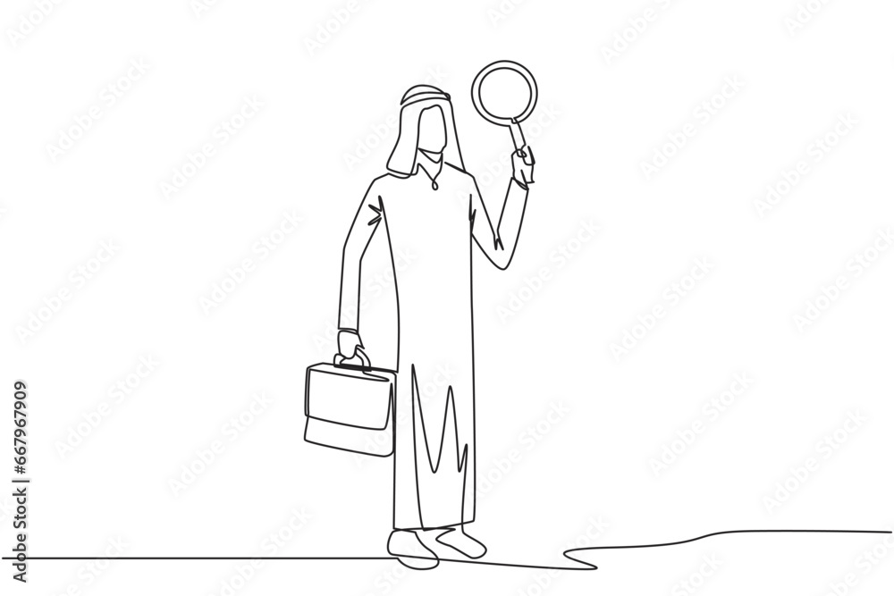 Continuous one line drawing Arabian businessman holds the magnifier in his left hand while in right hand holds a briefcase. Businessman who offer cooperation proposals. Single line draw design vector