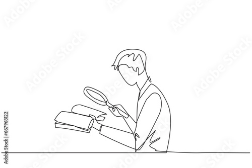 Single one line drawing  businessman holds the book and examines it with the magnifier.Businessman re-reads scientific studies so that his business avoids bankruptcy. Continuous line design graphic