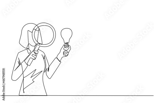 Single continuous line drawing of businesswoman inspects the lightbulb she holds with a magnifier. Analyze existing ideas and select them for new business needs. One line design vector illustration