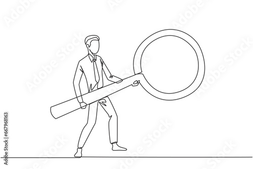 Continuous one line drawing businessman standing holding a giant magnifier. Resembling a guitar player, he searches, analyzes, finds all the necessary data. Single line draw design vector illustration