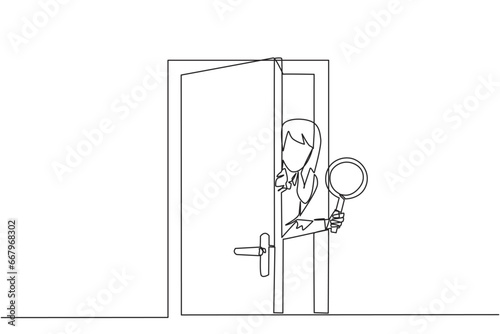 Single one line drawing businesswoman came out from behind the door holding a magnifier. Invite business partners to join so that the business is stronger. Continuous line design graphic illustration