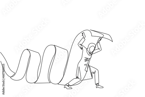 Single continuous line drawing Arab businesswoman held long roll of billing paper with shoulders. Bear and keep paying amount of bills so business continues to run. One line design vector illustration