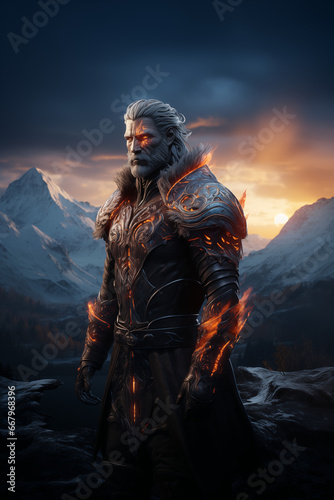 flaming person in the winter mountains, fantasy character