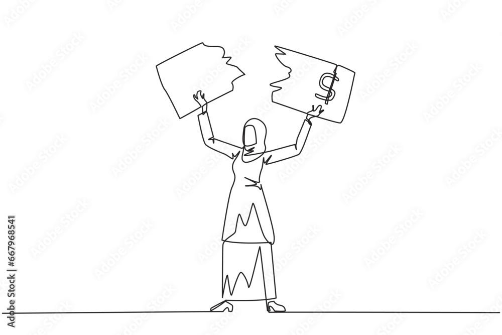Continuous one line drawing Arabian businesswoman stood up tore off banknotes held above her head. Failed to invest, suffered a lot of losses. Business failure. Single line draw vector illustration Continuous one line drawing Arabian businesswoman stood up tore off banknotes held above her head. Failed to invest, suffered a lot of losses. Business failure. Single line draw vector illustration