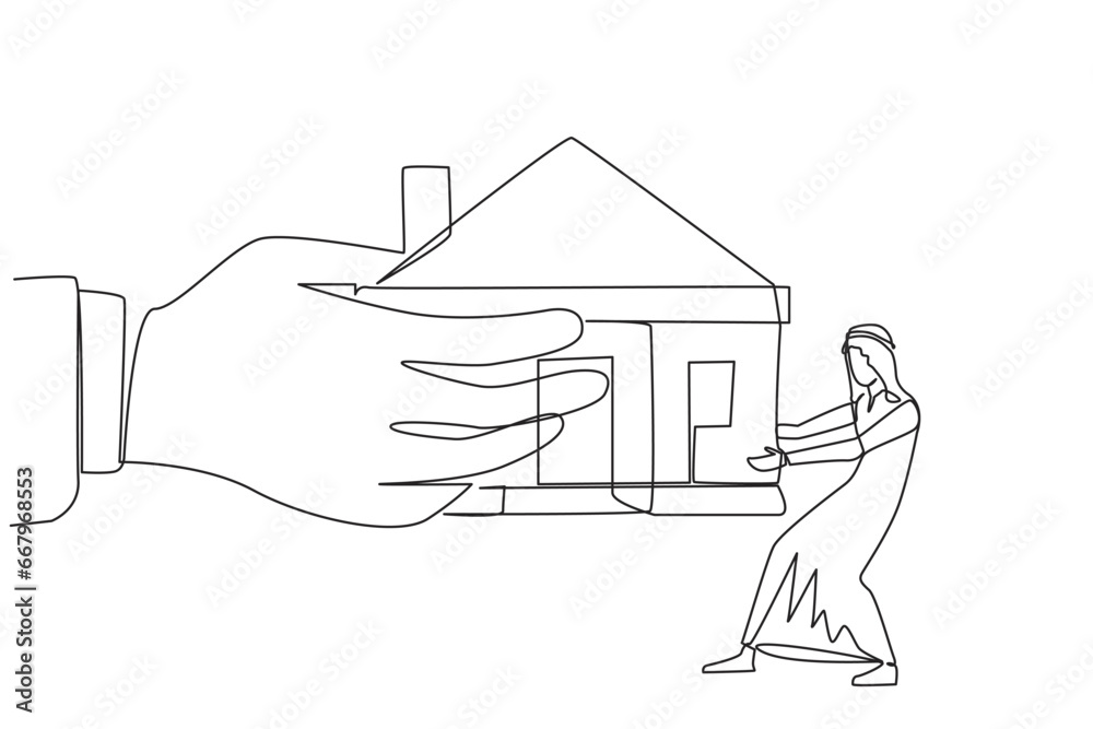 Single continuous line drawing Arab businessman pulling miniature house which is also pulled by big hand. Failed to pay the mortgage so that it can be withdrawn by bank. One line vector illustration Single continuous line drawing Arab businessman pulling miniature house which is also pulled by big hand. Failed to pay the mortgage so that it can be withdrawn by bank. One line vector illustration