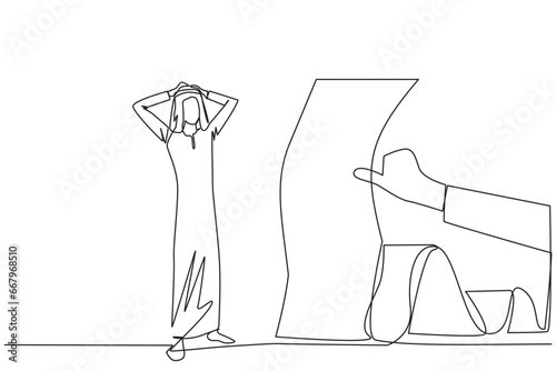 Continuous one line drawing Arab businessman stood in shock, holding head with both hands, looking at bill thrust by the hand. Man who have online bills must be paid immediately. Single line vector