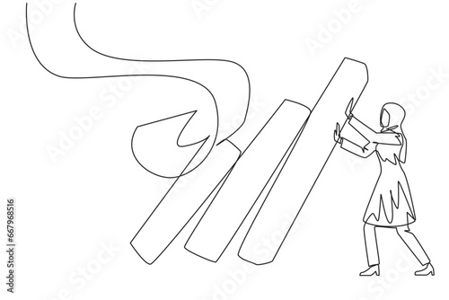 Single continuous line drawing Arab businesswoman holds back pile of walls collapsed bills. Withstand onslaught of bills that accumulate by holding back unnecessary business expenses. One line vector