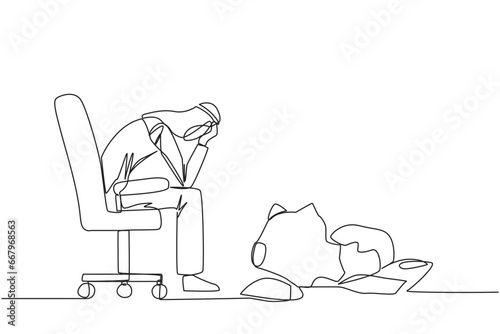 Single one line drawing of Arabian businessman sits pensively on office chair and in front is a broken piggy bank. Failing to save because have to pay large bills. Continuous line graphic illustration