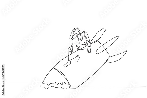 Single continuous line drawing Arab businessman sits downcast on swooping rocket stranded and stuck at ground level. New business was destroyed. Unable pay bills. One line design vector illustration