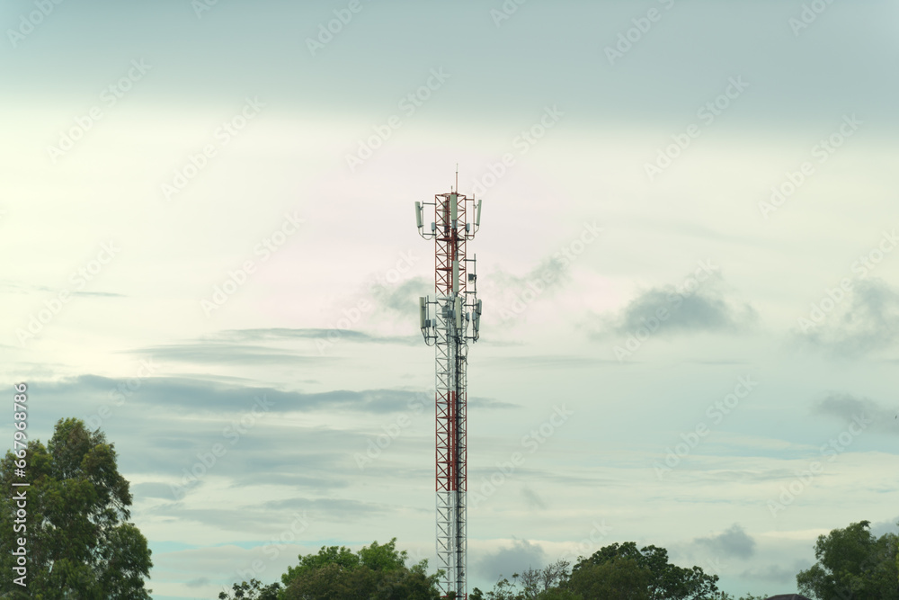 Telecommunication tower of 4G and 5G cellular. Cell Site Base Station. Wireless Communication Antenna Transmitter. Telecommunication tower with antennas sky background