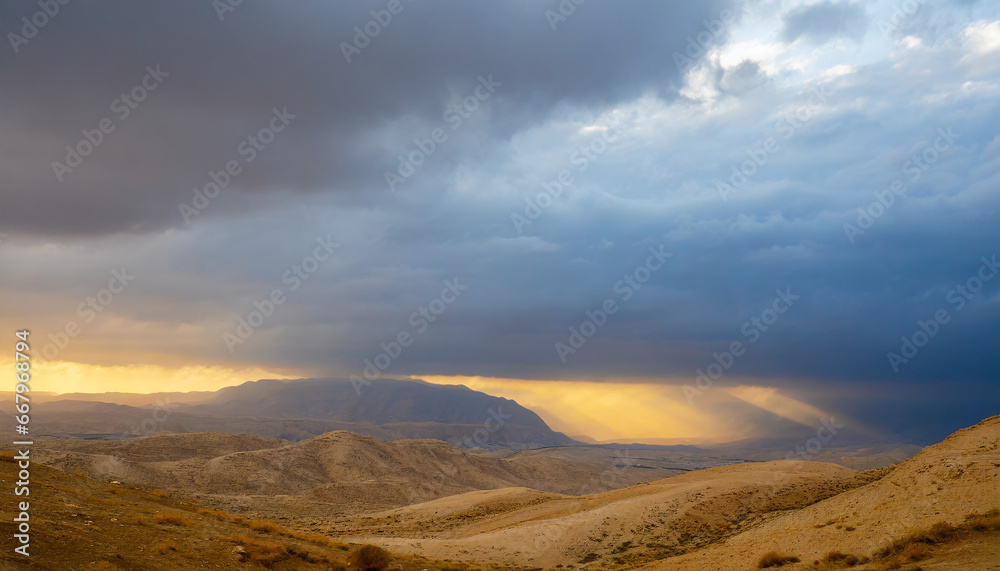 Stormy sky over the desert landscape background. High quality photo