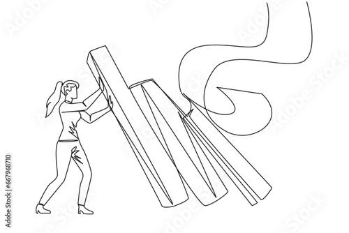 Single one line drawing businesswoman holds back pile of walls resembling collapsed bills. Withstand onslaught of bills that accumulate by holding back unnecessary business expenses. Continuous line