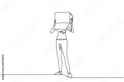 Continuous one line drawing businesswoman stood up and covered head with cardboard box. Businesswoman who are embarrassed because unable to pay several bills. Single line design vector illustration