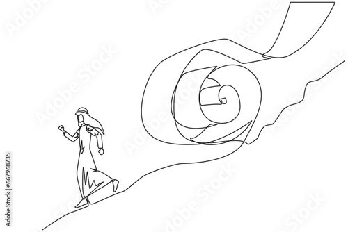 Continuous one line drawing Arabian businessman runs down hill while being chased by rolls of paper bills. Chased by ever-growing bills. Business failure. Single line draw design vector illustration