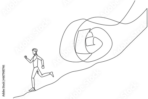 Continuous one line drawing of young businessman runs down hill while being chased by rolls of paper bills. Chased by ever-growing bills. Business failure. Single line draw design vector illustration
