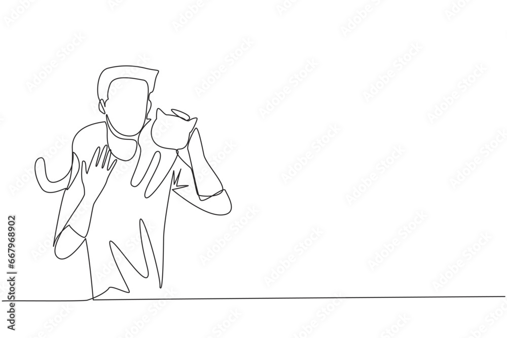 Continuous one line drawing of young energetic man hugging and carrying beloved cat on his shoulder. Happy young man playing with his beloved cat. Animal lovers. Single line draw vector illustration Continuous one line drawing of young energetic man hugging and carrying beloved cat on his shoulder. Happy young man playing with his beloved cat. Animal lovers. Single line draw vector illustration