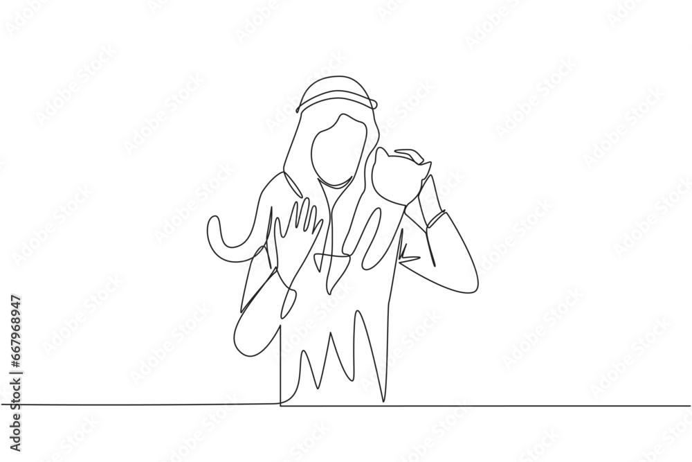 Single continuous line drawing of young energetic Arabian man carrying cat on his shoulders. Happy man hugging his beloved pet on his shoulders. Animal lovers. One line design vector illustration Single continuous line drawing of young energetic Arabian man carrying cat on his shoulders. Happy man hugging his beloved pet on his shoulders. Animal lovers. One line design vector illustration